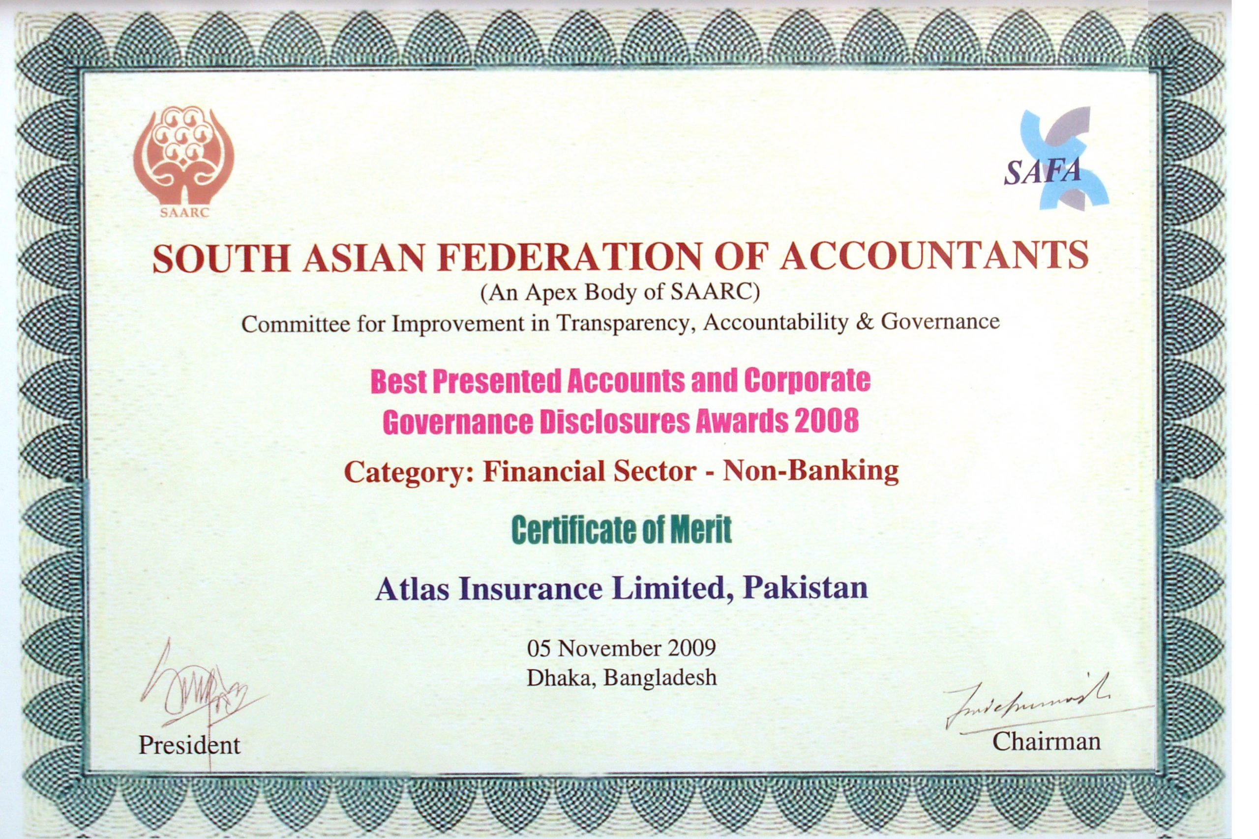 SAFA Best Presented Accounts and Corporate Governance Disclosures Award 2009